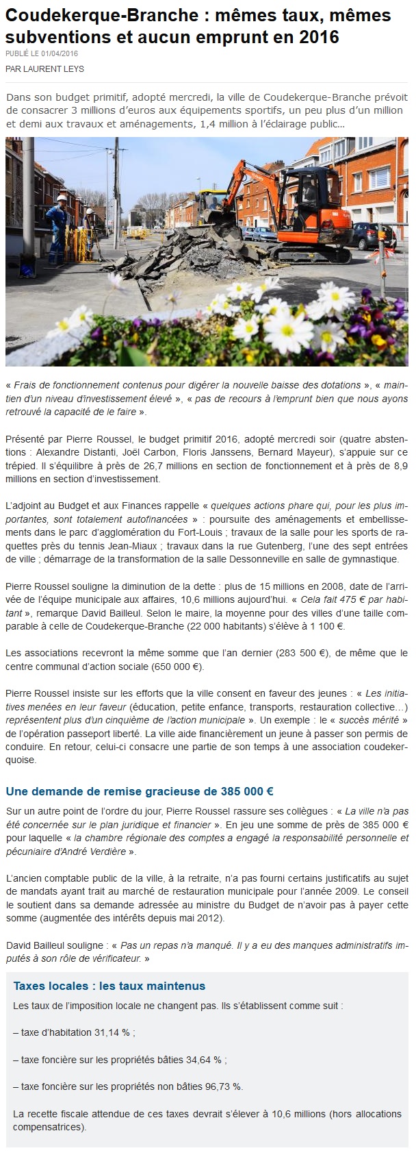 vdn Coudekerque-Branche mêmes taux, mêmes subventions et aucun emprunt en 2016